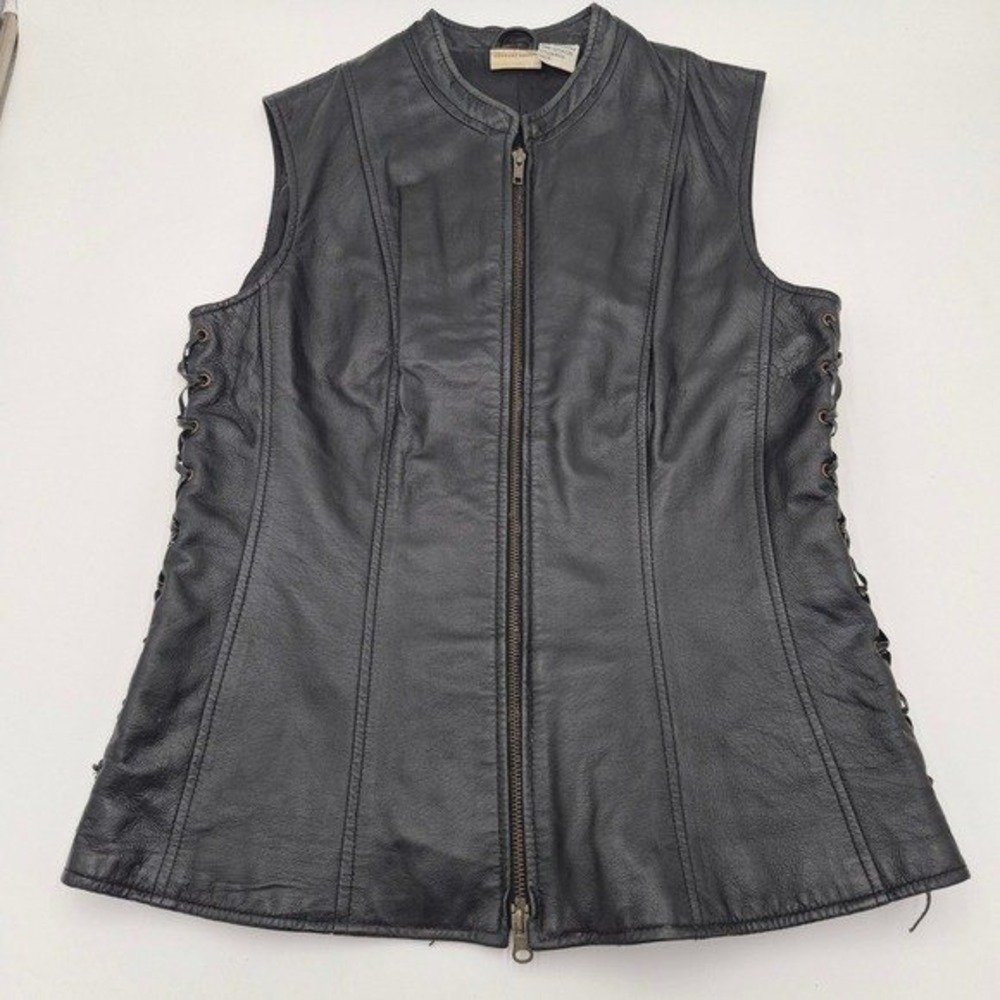 Newport News Womens Black Leather Lace Up Side Biker Vest Style H5441 Size 6